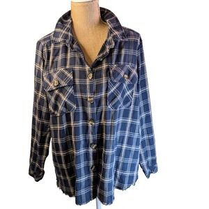 Democracy Plaid Flannel Shirt Blue Tan Button Up Casual Distressed Hem Women's M